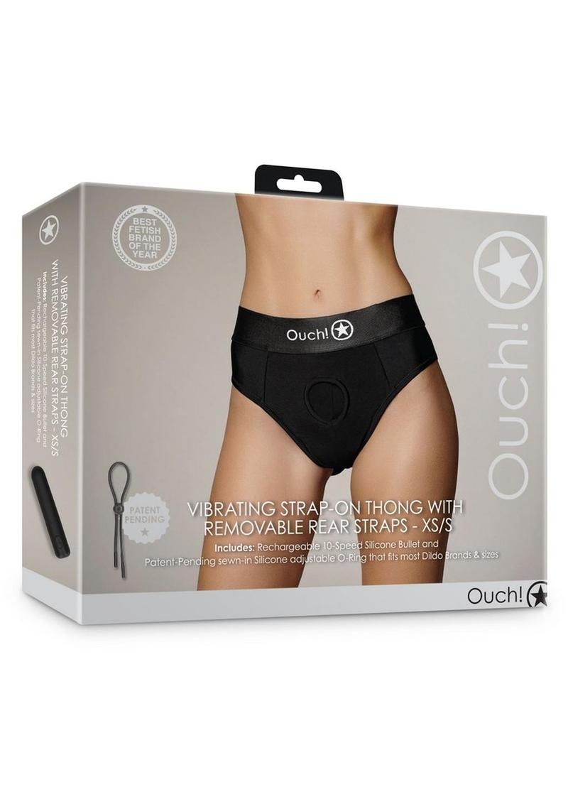 Ouch! Vibrating Strap-On Thong with Removable Butt Straps Rechargeable - XS/SM - Black