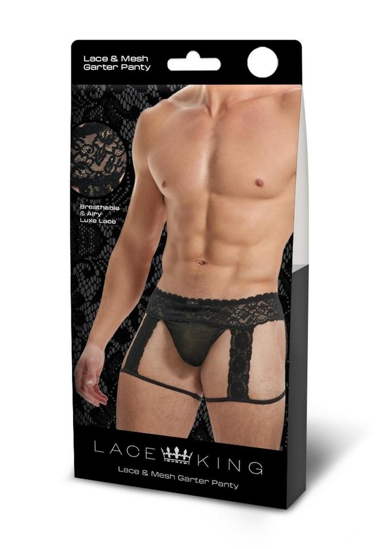 Lace King Men`s Lace and Mesh Garter Panty - Large/XLarge - Black