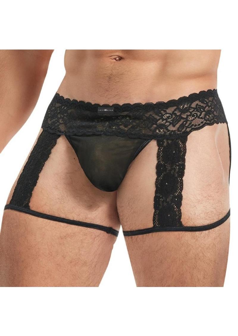 Lace King Men`s Lace and Mesh Garter Panty - Large/XLarge - Black