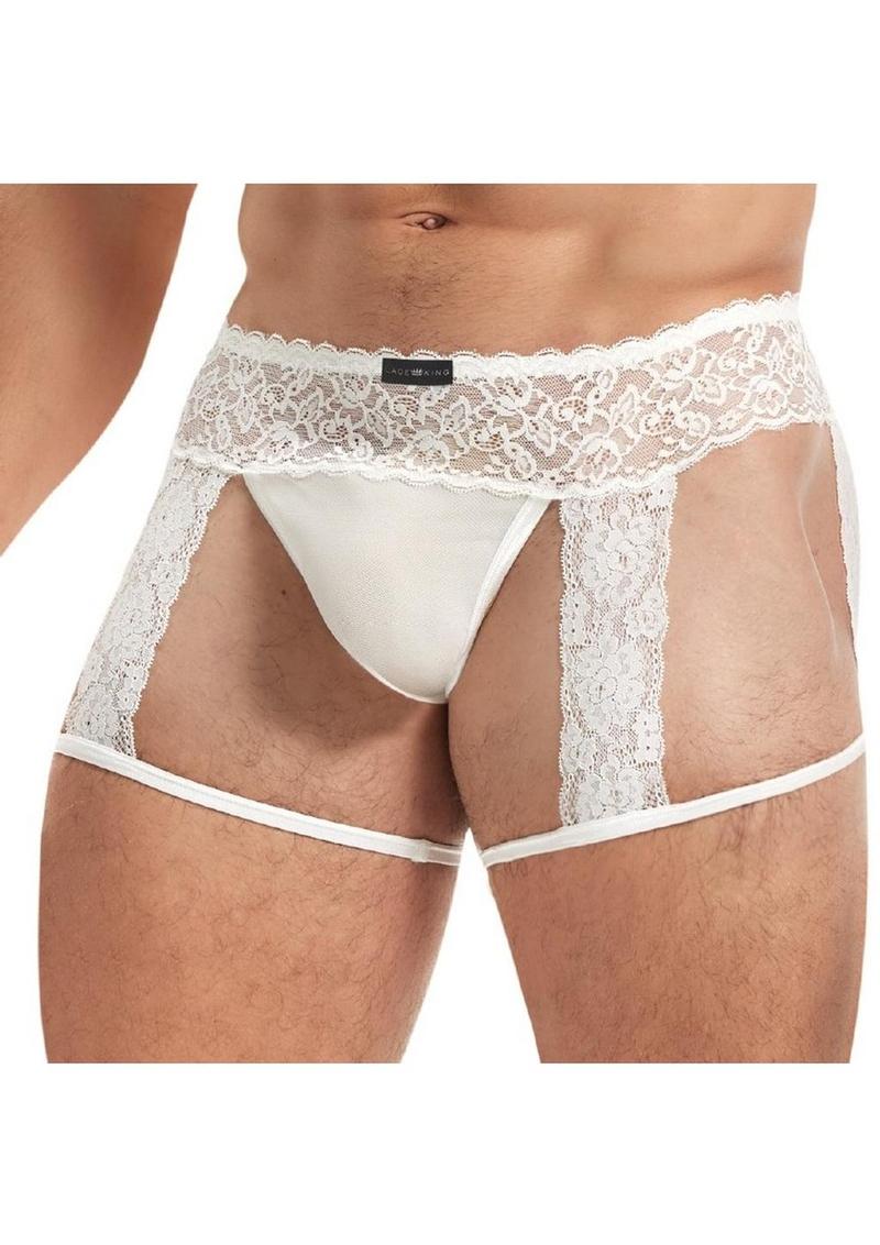 Lace King Men`s Lace and Mesh Garter Panty - L/XL - White