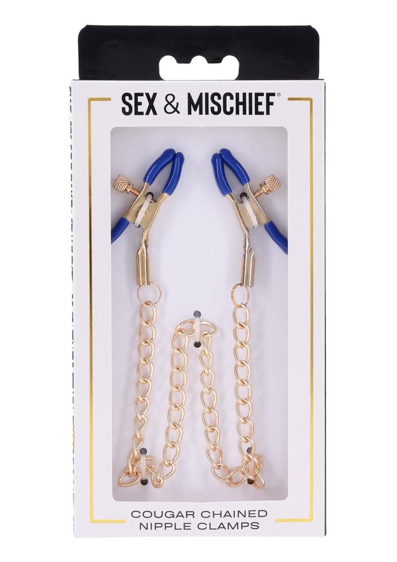 Sex and Mischief Cougar Chained Nipple Clamps - Gold/Navy