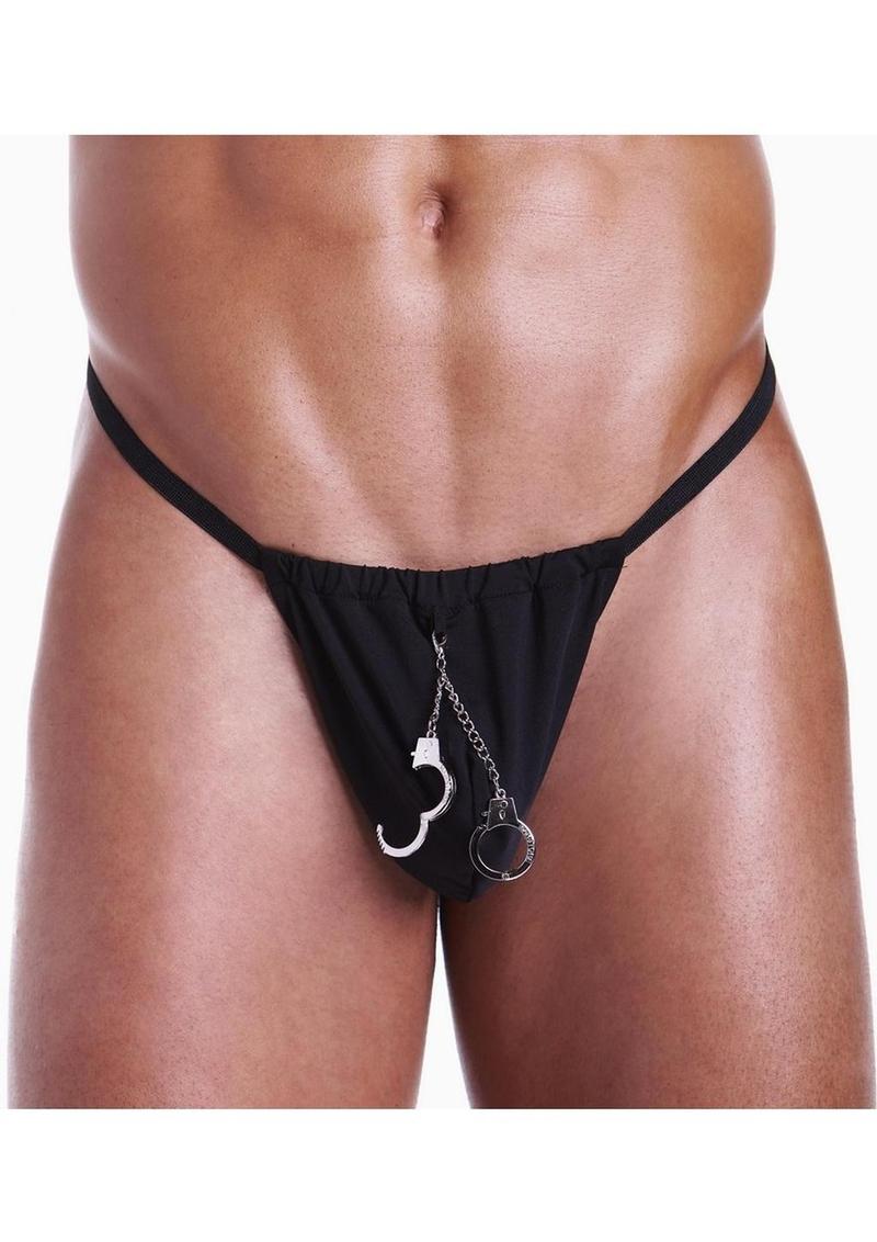 Fundies Hundcuff G-String With Toy Handcuffs - OS - Black