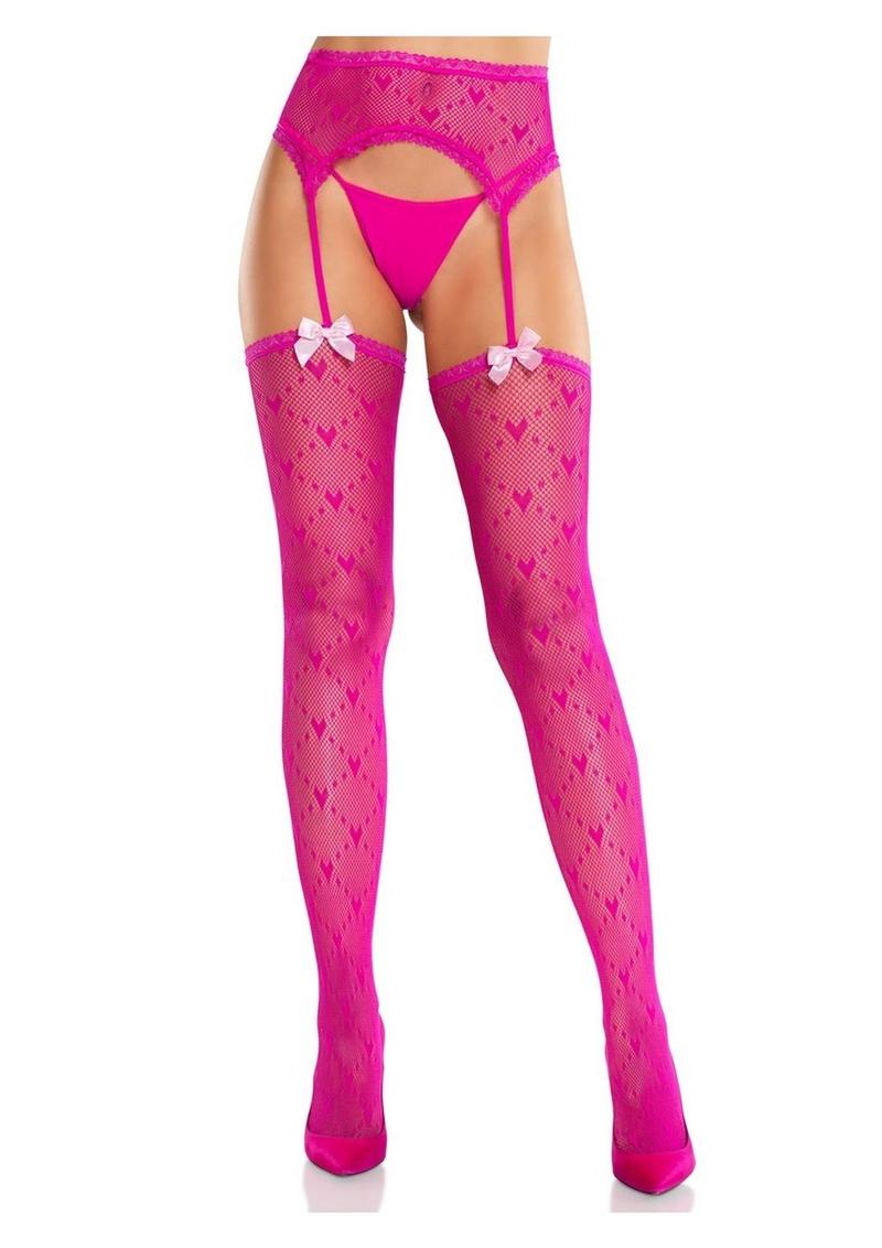 Leg Avenue Heart Lace Trimmed Heart Net Stockings with Attached Garter Belt - OS - Magenta