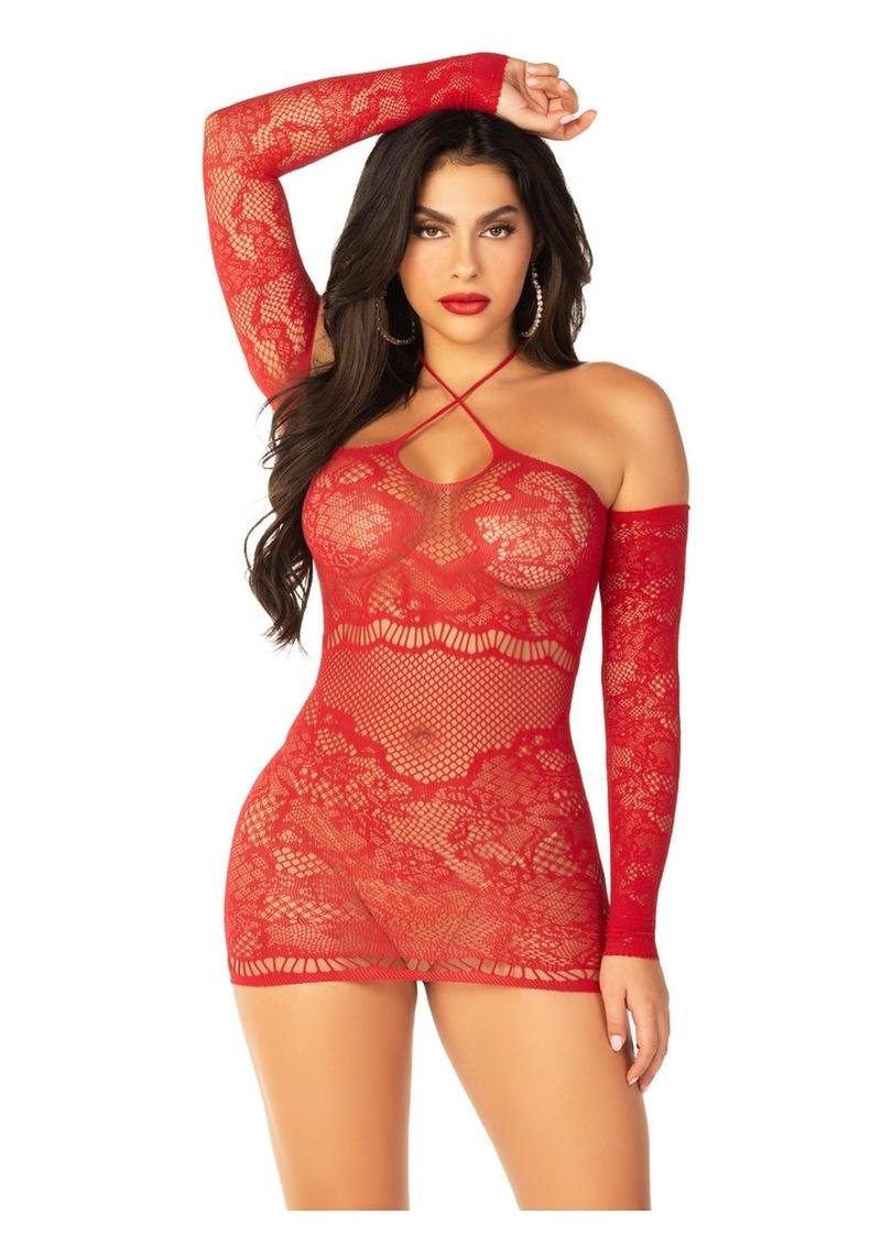 Leg Avenue Seamless Lace Net Off the Shoulder Mini Dress with Twist Halter Strap - OS - Red