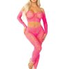 Leg Avenue Heart Net Off the Shoulder Crop Top and Footless Tights (2 Piece) - OS - Pink