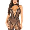 Leg Avenue Seamless Dotted Net Crotchless Lingerie Jumpsuit with Heart Detail - OS - Black