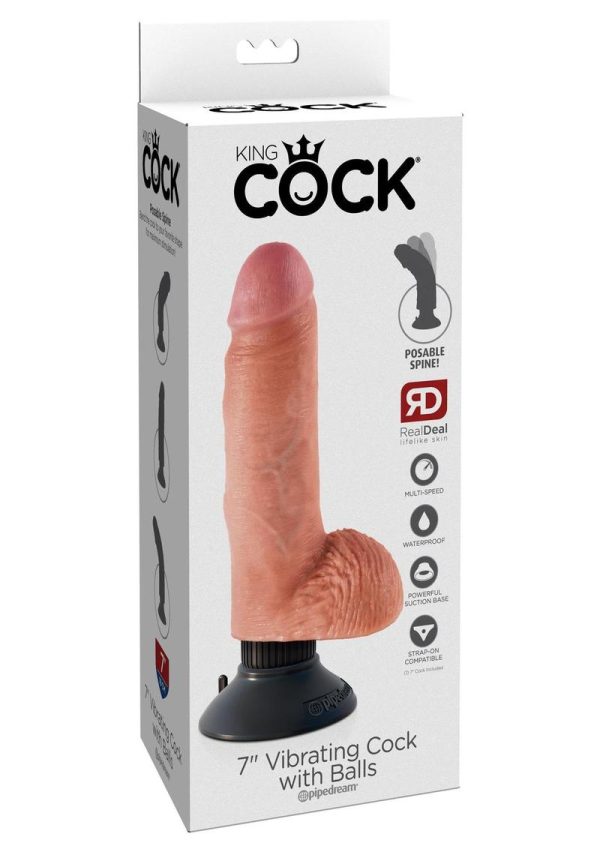 King Cock Vibrating Realistic Dildo With Balls Waterproof Flesh 7 Inch - Image 2