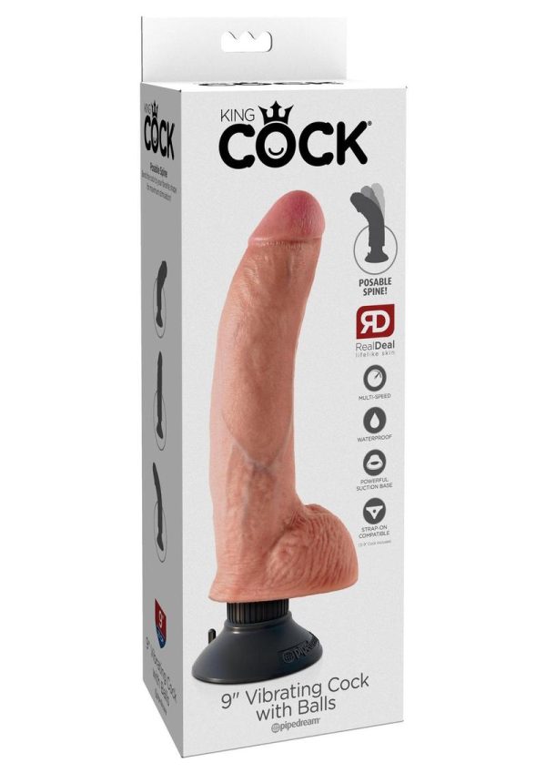 King Cock Vibrating Realistic Dildo With Balls Waterproof Flesh 9 Inch - Image 2