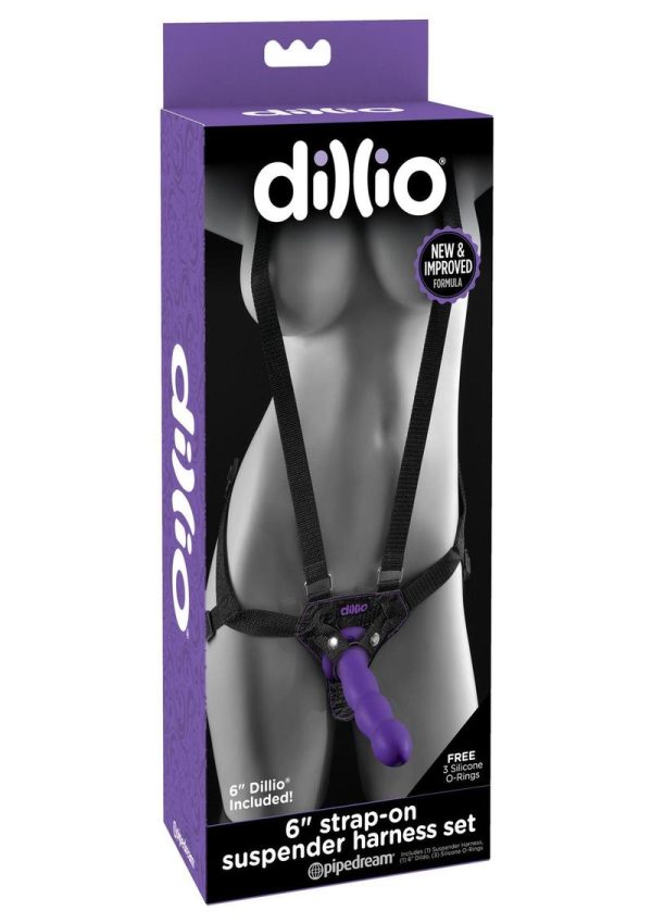 Dillio Strap-On Suspender Harness Set Black With Silicone Dong Purple 6 Inch - Image 2