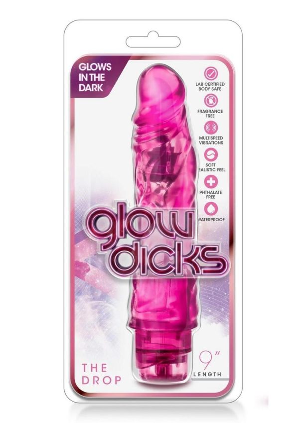 Glow Dicks The Drop Glow In The Dark Realistic Vibrator Waterproof Pink 8.5 Inch - Image 2