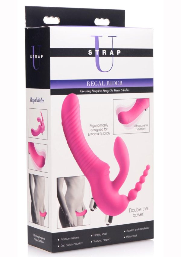 Strap U Real Rider Silicone Vibrating Strapless Strap On Triple G Dildo With 2 Bullets Waterproof Pink 9 Inches - Image 2