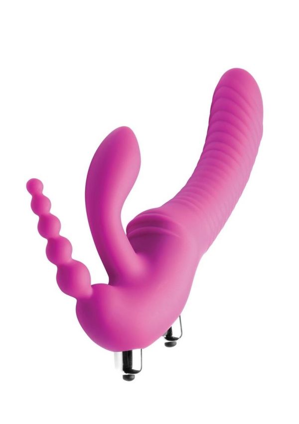 Strap U Real Rider Silicone Vibrating Strapless Strap On Triple G Dildo With 2 Bullets Waterproof Pink 9 Inches - Image 3