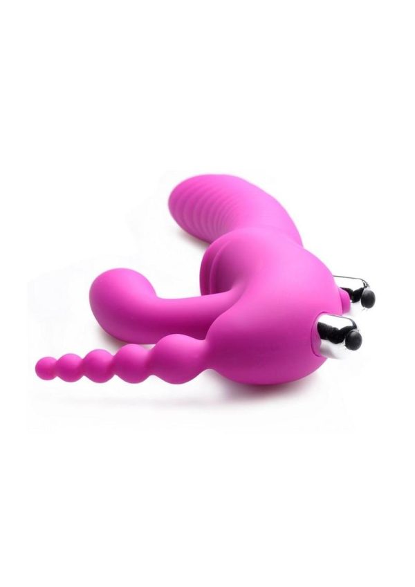 Strap U Real Rider Silicone Vibrating Strapless Strap On Triple G Dildo With 2 Bullets Waterproof Pink 9 Inches - Image 4