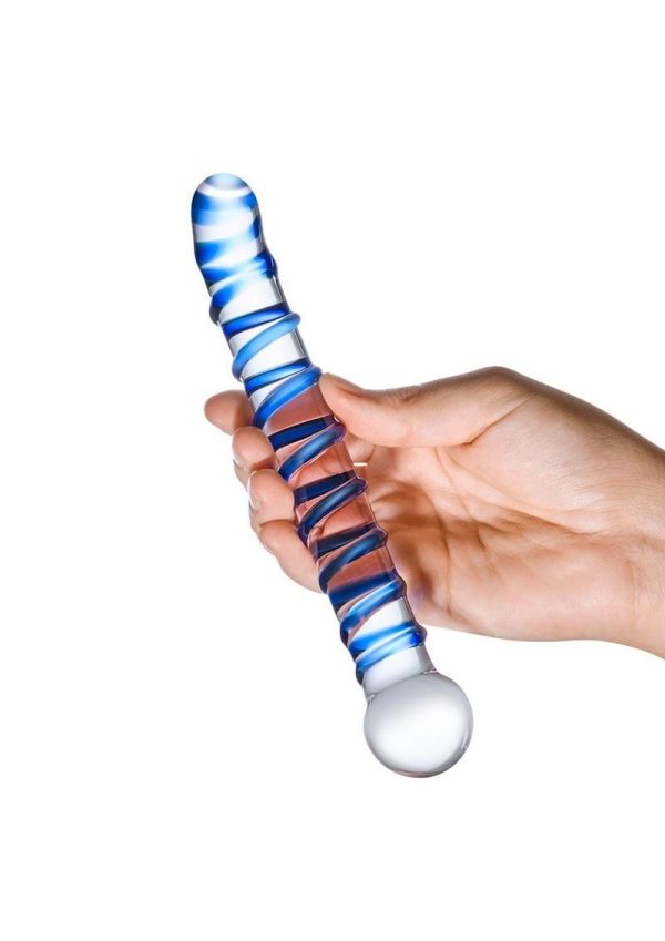 Glass Mr. Swirly G-Spot Glass Dildo Clear and Blue 6.5 Inches - Image 4