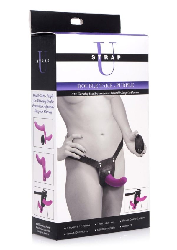Strap U Double Take Vibrating Adjustable Strap On Silicone Rechargeable Waterproof  Purple - Image 2