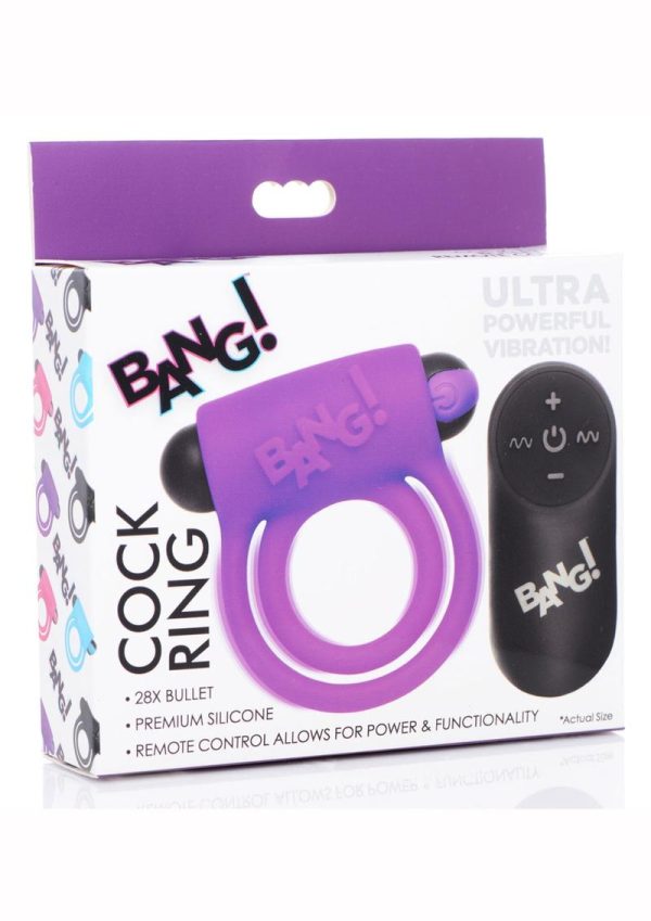 Bang! Silicone Rechargeable Cock Ring And Bullet With Remote Control - Purple - Image 2