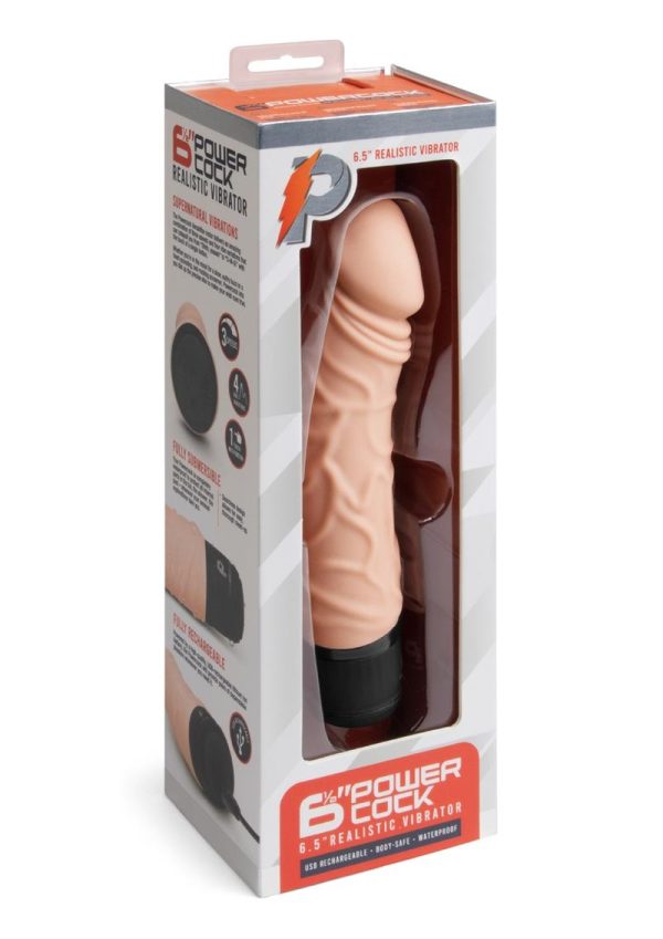 Powercocks Silicone Rechargeable Realistic Vibrator 6.5in - Vanilla - Image 2