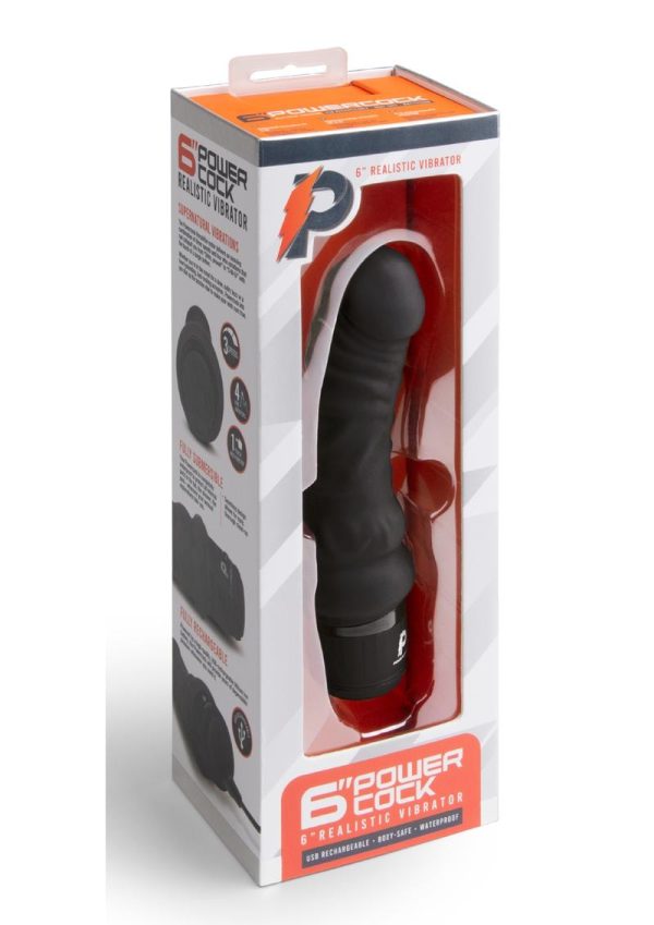 Powercocks Silicone Rechargeable Realistic Vibrator 6in - Black - Image 2