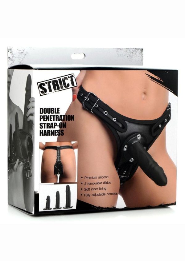 Strict Double Penetration Strap-On Harness with Silicone Dildos (3 pack) - Black - Image 2