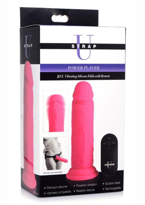 Strap U Power Player 28X Vibrating Silicone Rechargeable Dildo 6.5in With Remote Control - Pink - Image 2