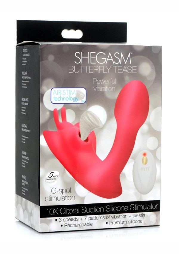 Shegasm Butterfy Tease Rechargeable Silicone 10X Clitoral Suction Stimulator with Remote Control - Pink - Image 2