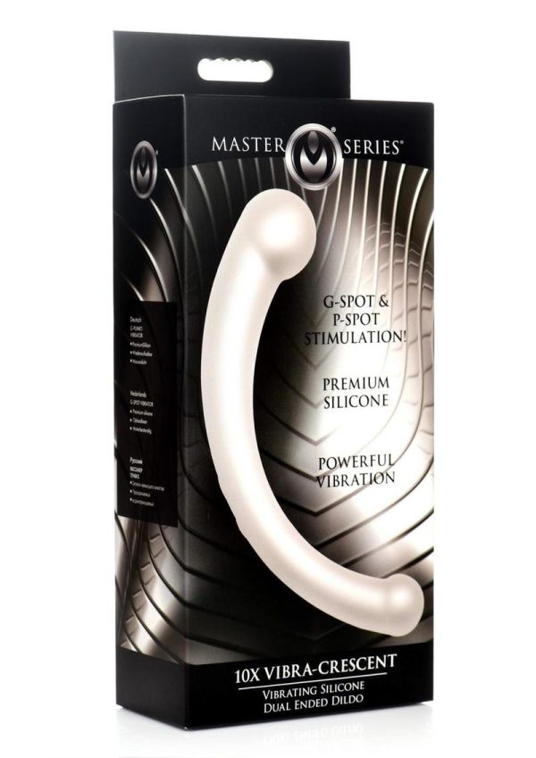 Master Series 10X Vibra-Crescent Rechargeable Silicone Vibrating Dual Ended Dildo - Silver - Image 2