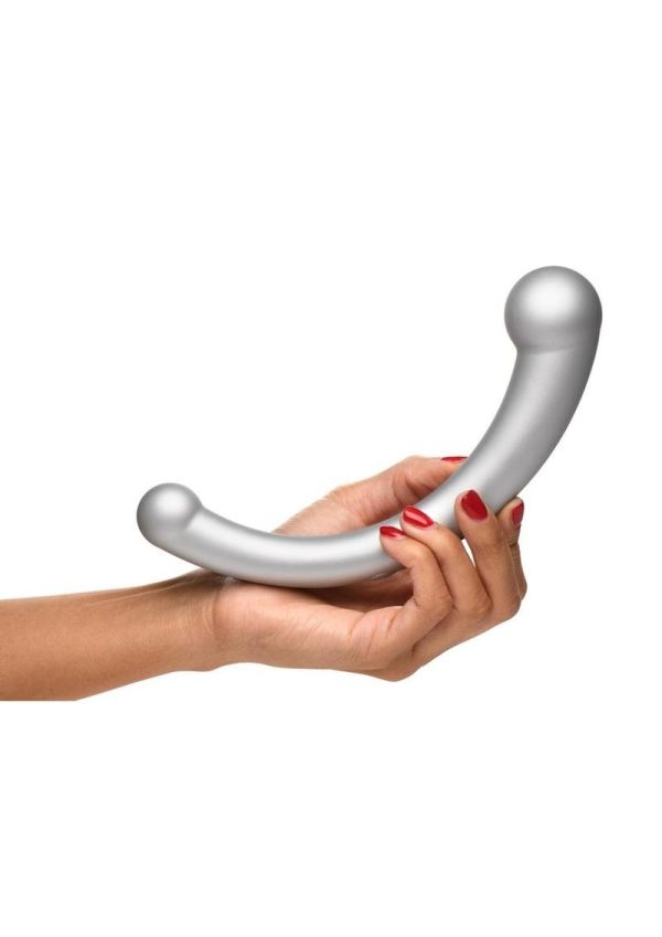 Master Series 10X Vibra-Crescent Rechargeable Silicone Vibrating Dual Ended Dildo - Silver - Image 4