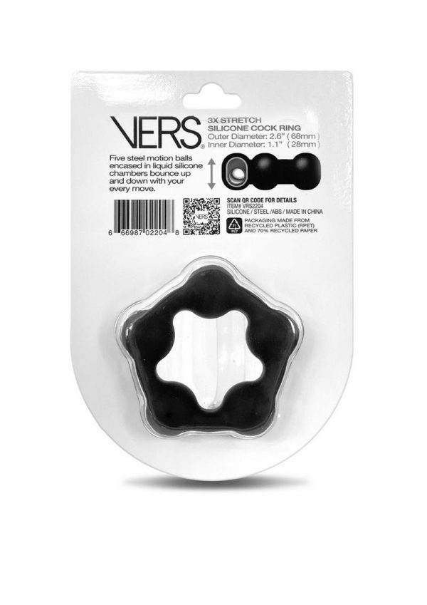 Vers Liquid Silicone Cock Ring Steel Motion Balls - Black - Image 3