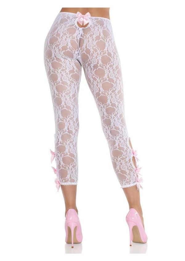 Leg Avenue Scalloped Trimmed Floral Lace Footless Capri Tights with Keyhole Bow Detail - White - O/S - Image 3