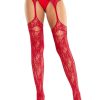 Leg Avenue Bloom Net Stockings with Cut-Out Thigh Detail and Attached Garter Belt - Red - O/S