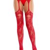 Leg Avenue Bloom Net Stockings with Cut-Out Thigh Detail and Attached Garter Belt - Red - O/S - Image 4