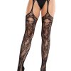 Leg Avenue Bloom Net Stockings with Cut-Out Thigh Detail and Attached Garter Belt - Black - O/S