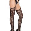 Leg Avenue Bloom Net Stockings with Cut-Out Thigh Detail and Attached Garter Belt - Black - O/S