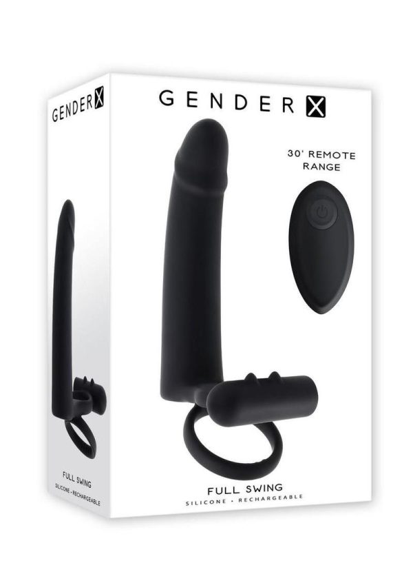 Gender X Full Swing Rechargeable Silicone Vibrating Dildo with Dual Cock Ring and Remote Control - Black