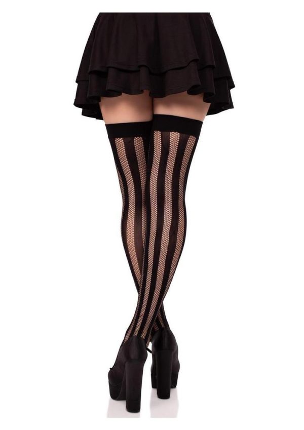Leg Avenue Net and Opaque Striped Thigh Highs - Black - O/S - Image 3