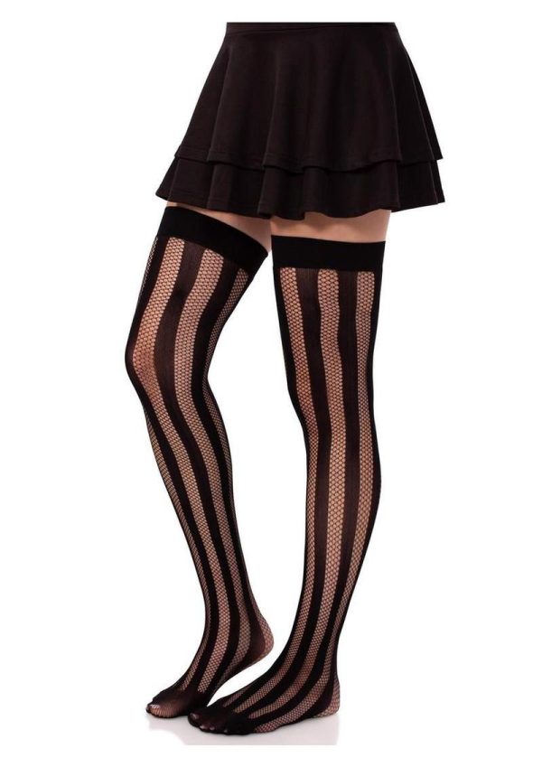 Leg Avenue Net and Opaque Striped Thigh Highs - Black - O/S - Image 4