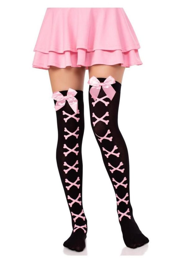 Leg Avenue Opaque Cross Bone Thigh Highs with Satin Bow Accent - Black/Light Pink - O/S - Image 3