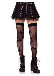 Leg Avenue Dotted Net Skull Thigh Highs - Black - O/S