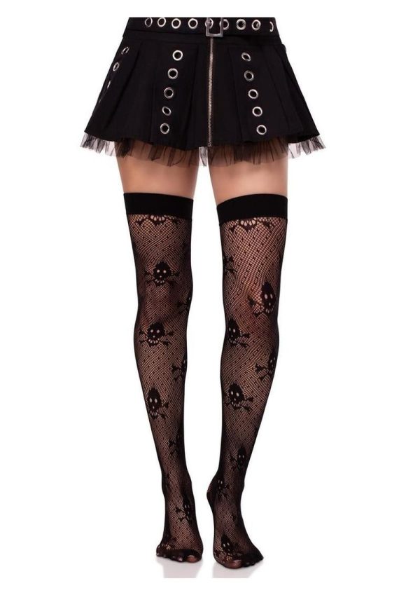 Leg Avenue Dotted Net Skull Thigh Highs - Black - O/S - Image 4