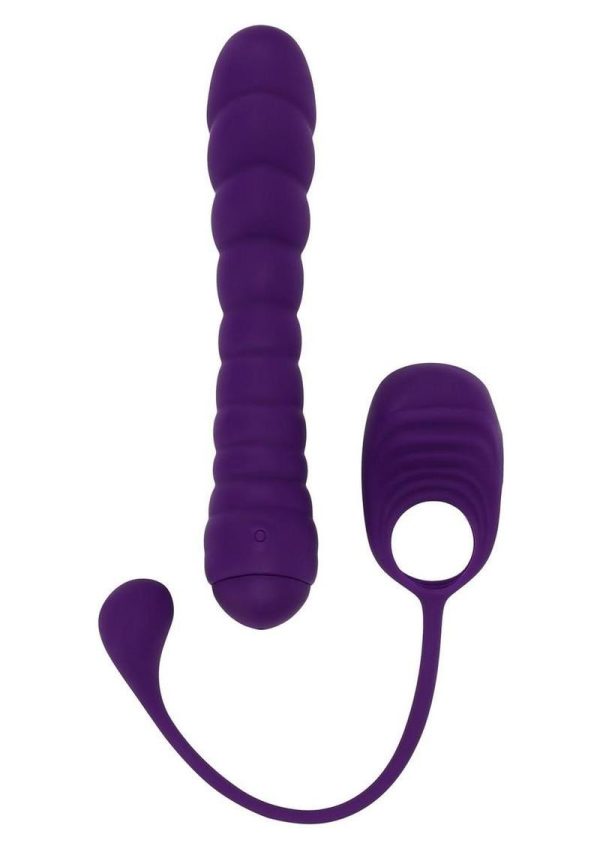 Playboy Twisted Playground Rechargeable Silicone Dual Vibrator with Detachable C-Ring Anal Tail - Purple - Image 3