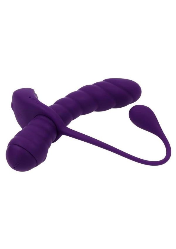 Playboy Twisted Playground Rechargeable Silicone Dual Vibrator with Detachable C-Ring Anal Tail - Purple - Image 4
