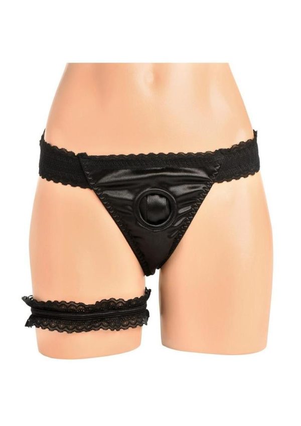 Bedroom Bliss Jolie Strap-On Panty Harness and Garter - Medium - Black - Image 3