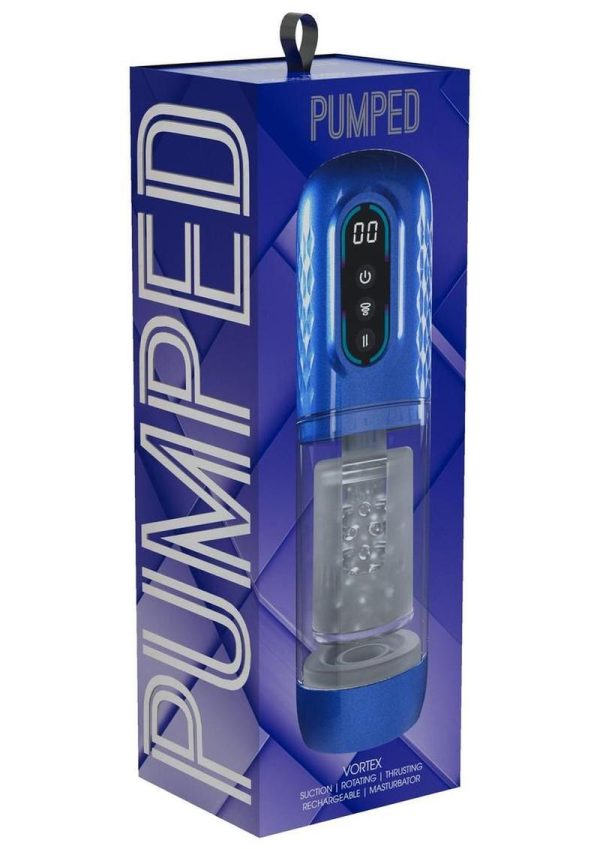 Pumped Vortex Multi Function Suction Rotating Thrusting Rechargeable Masturbator - Metallic Blue