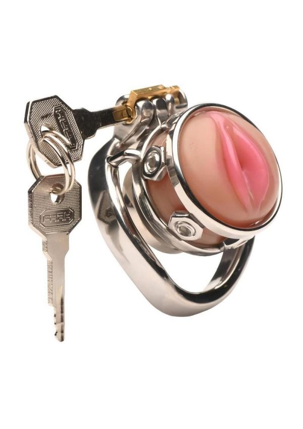 Master Series Pussy Boy Metal Chastity Cage Stainless Steel - Silver/Vanilla - Image 3