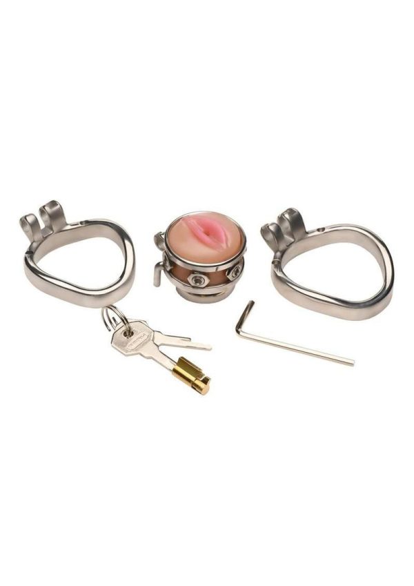 Master Series Pussy Boy Metal Chastity Cage Stainless Steel - Silver/Vanilla - Image 4