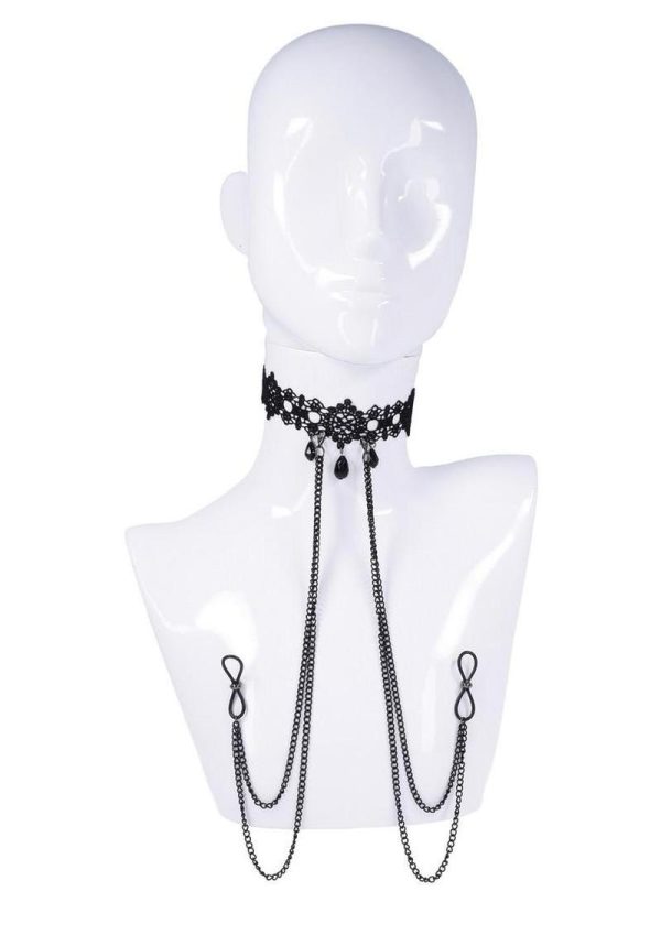 Sex and Mischief Lace Collar with Nipple Ties - Black - Image 4