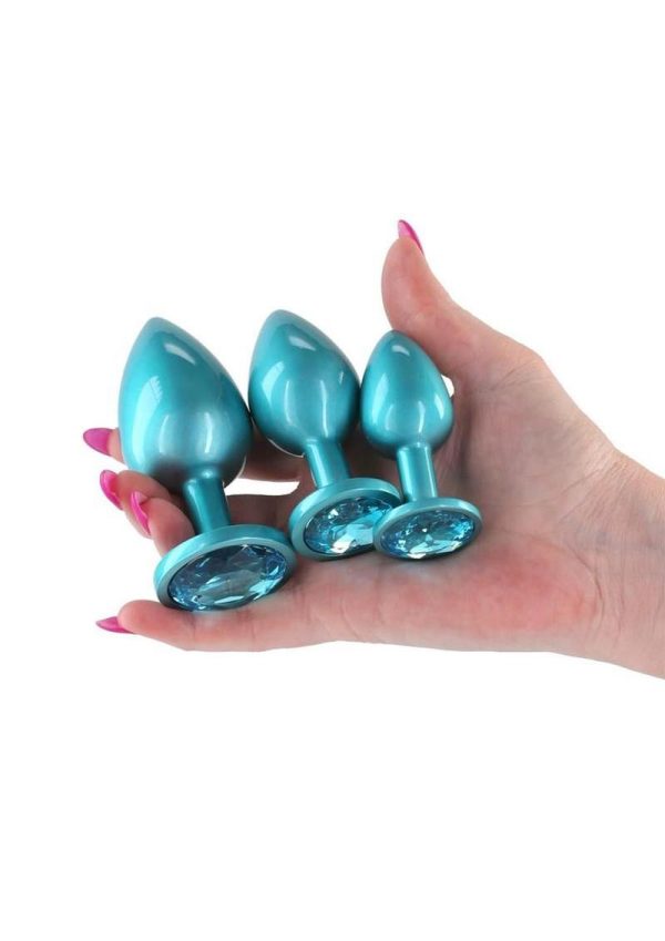 Rear Assets Tapered Trainer Chrome Plated Anal Plugs Kit (3pc Set) - Teal - Image 3