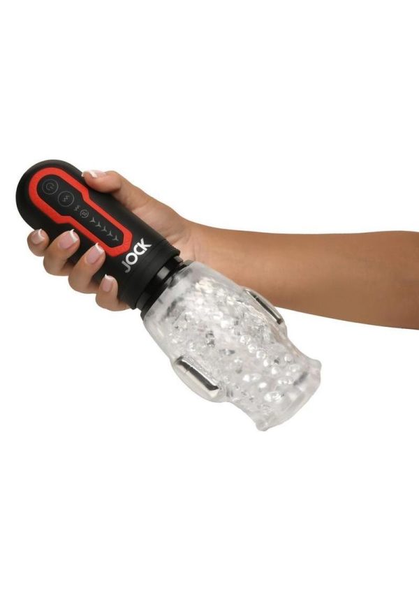 JOCK Spinning and Thrusting Rechargeable Masturbator with 2 Bullets - Mouth - Black/Clear - Image 4