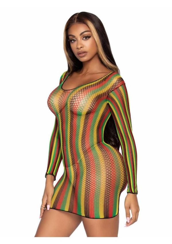 Leg Avenue Rasta Net Long Sleeved Mini Dress - Multicolor - O/S - Image 3