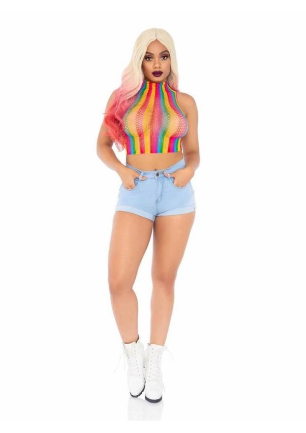 Leg Avenue Rainbow Net High Neck Crop Top - O/S - Image 3